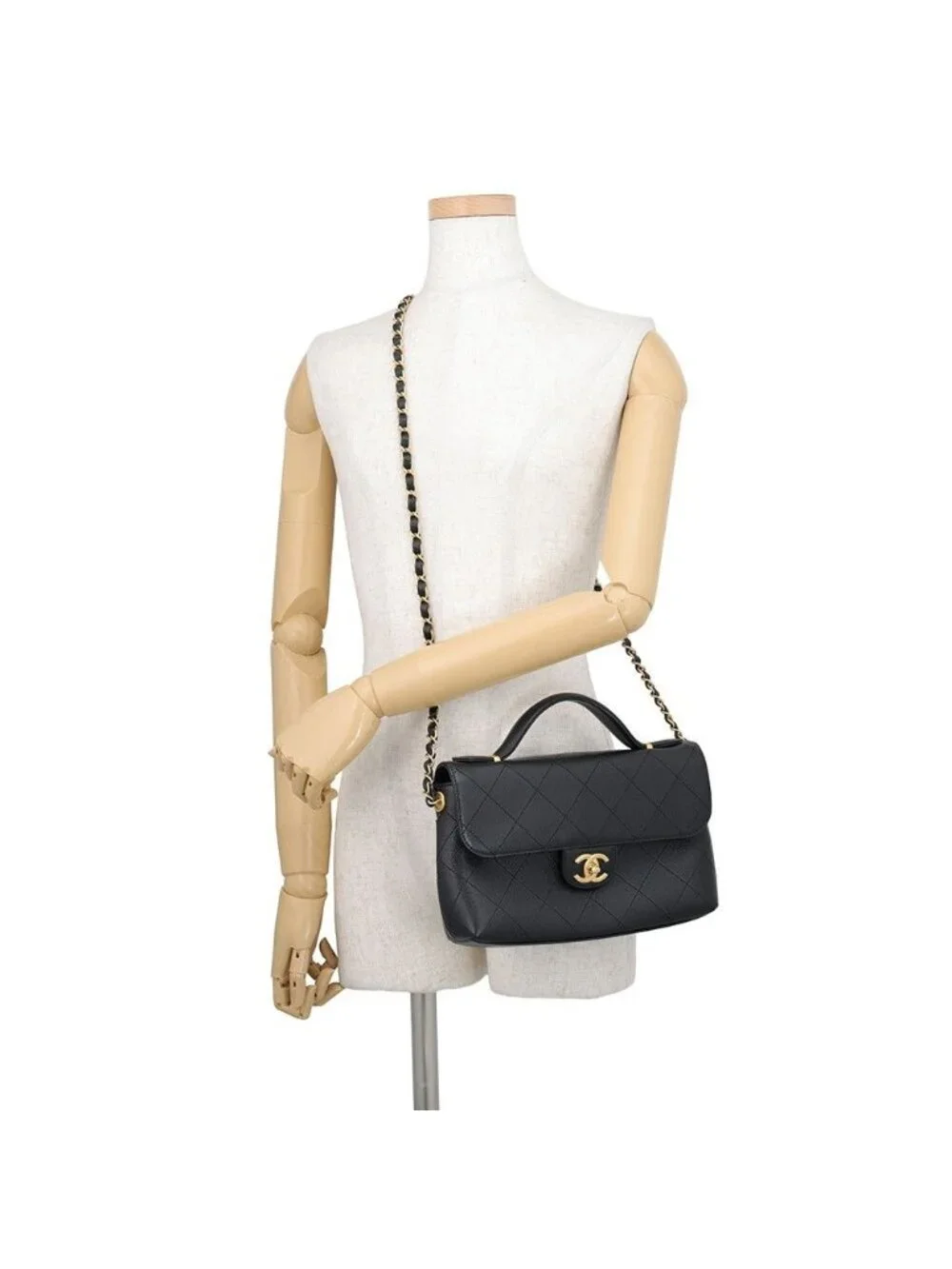 Chanel Shoulder Bag Quilted CC Logo Caviar Leather Black 2-Way
